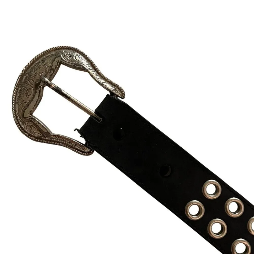 CINCH Western Black Leather Belt Grommet Studs Metal Logo Plate Removable Buckle